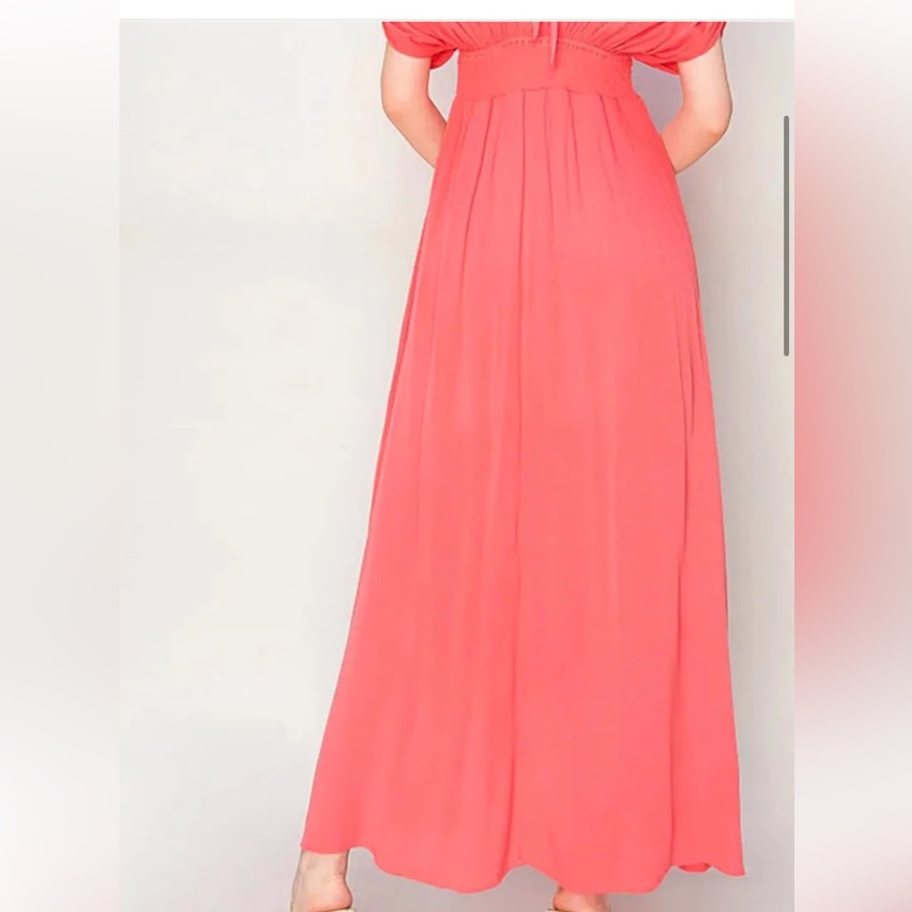 Elegant Coral Grecian Empire Waist Maxi Dress with Pleated Bodice - Picture 2 of 4